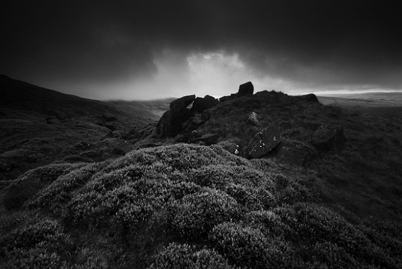 Low cloud skims the hill tops of William Clough, Kinder Scout.