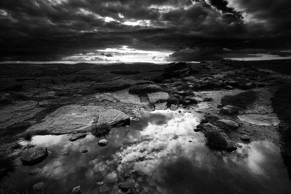Puddles on Stanage Edge, reflecting the sky.